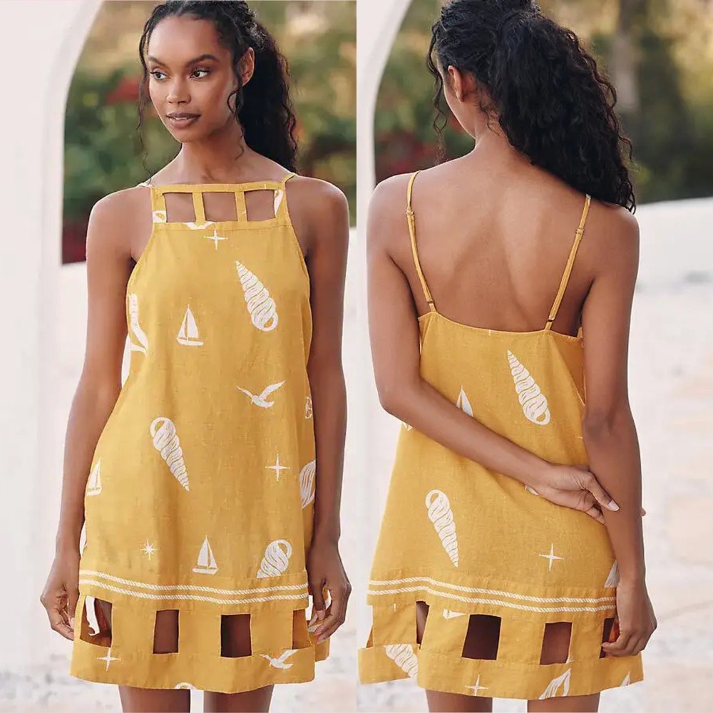 Celandine Anthropologie Yellow Linen Cutout Mini Dress XS Nautical Shell Sailor